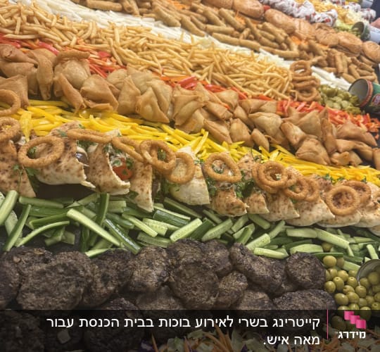 שולחן שוק בשרי עמוס בקציצות בשר, המבורגרים, מטוגנים וסלטים